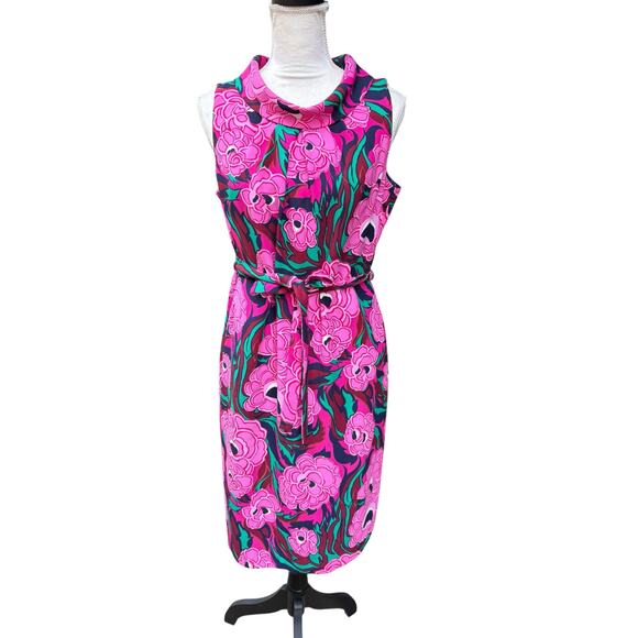 Talbots Pink Navy Floral Tie Waist Sleeveless Foldover Neckline Sheat Dress - 10 - Picture 2 of 9